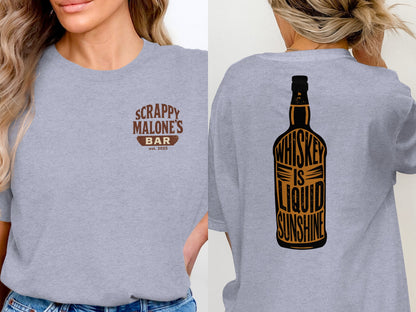 Whiskey Is Liquid Sunshine Bottle Design Graphic T-Shirt T-shirt - Scrappy Malone's Bar 100-Proof Humor - Cloud 16 Clothing Co.