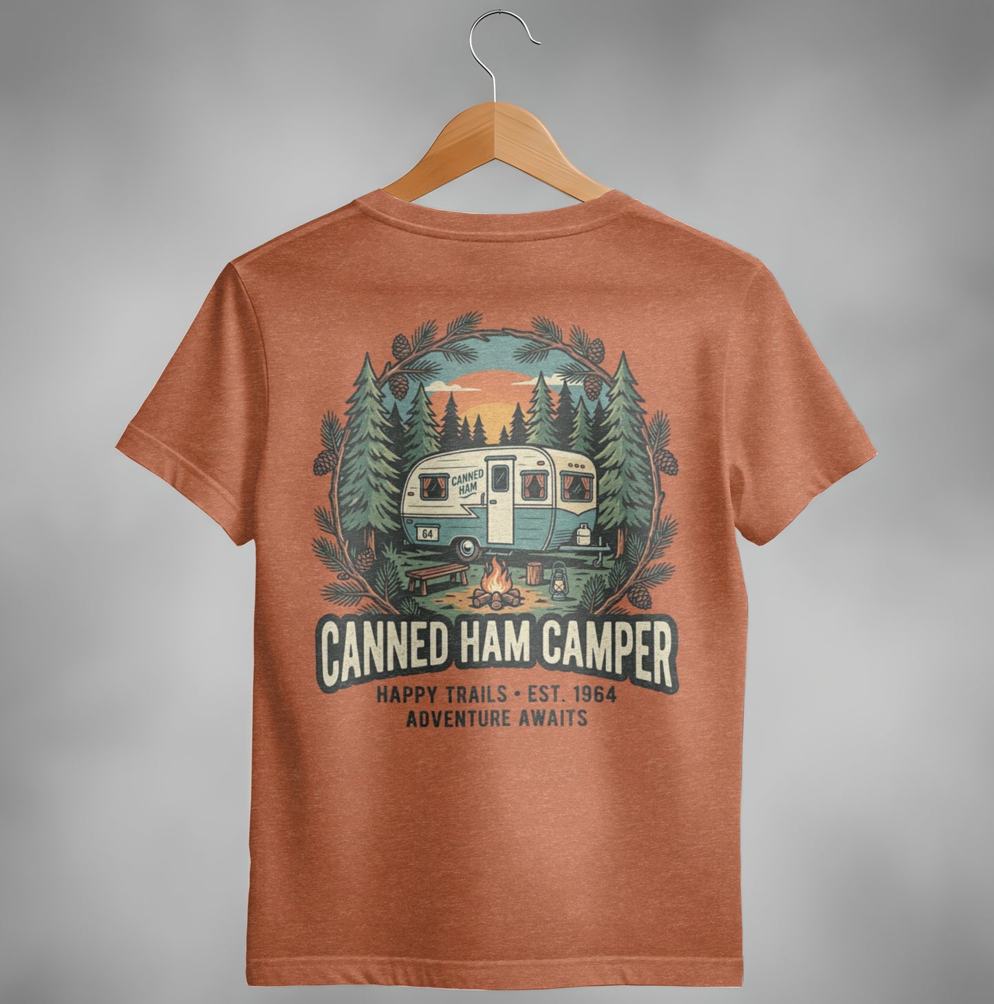 T-shirt with a vintage camper and "Canned Ham Camper" text.