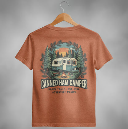 T-shirt with a vintage camper and "Canned Ham Camper" text.