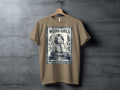 T-shirt with "Weird Girls Club" text and illustration of a woman reading books.