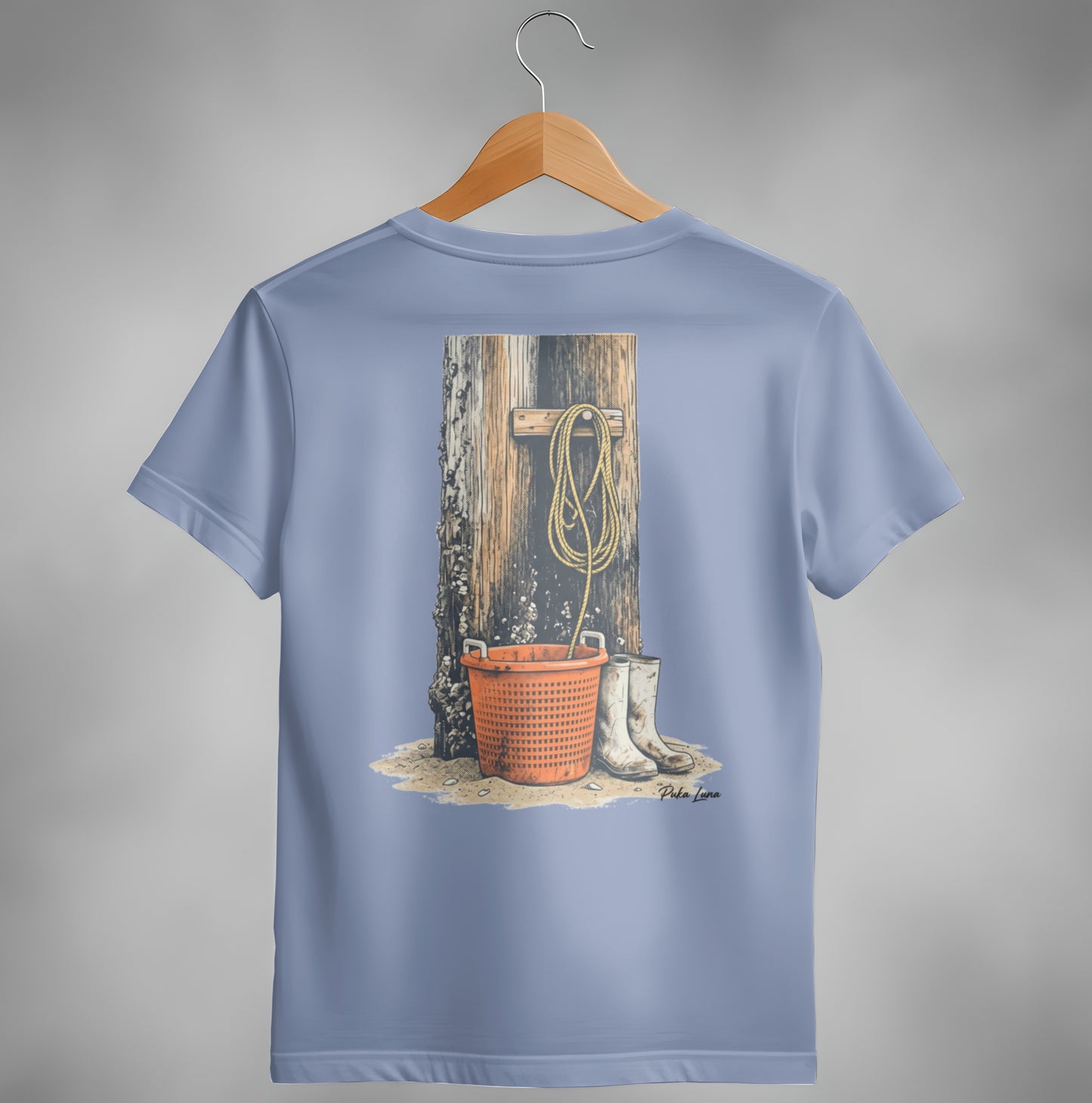 Orange basket and boots hang near weathered wood, with rope and shells.