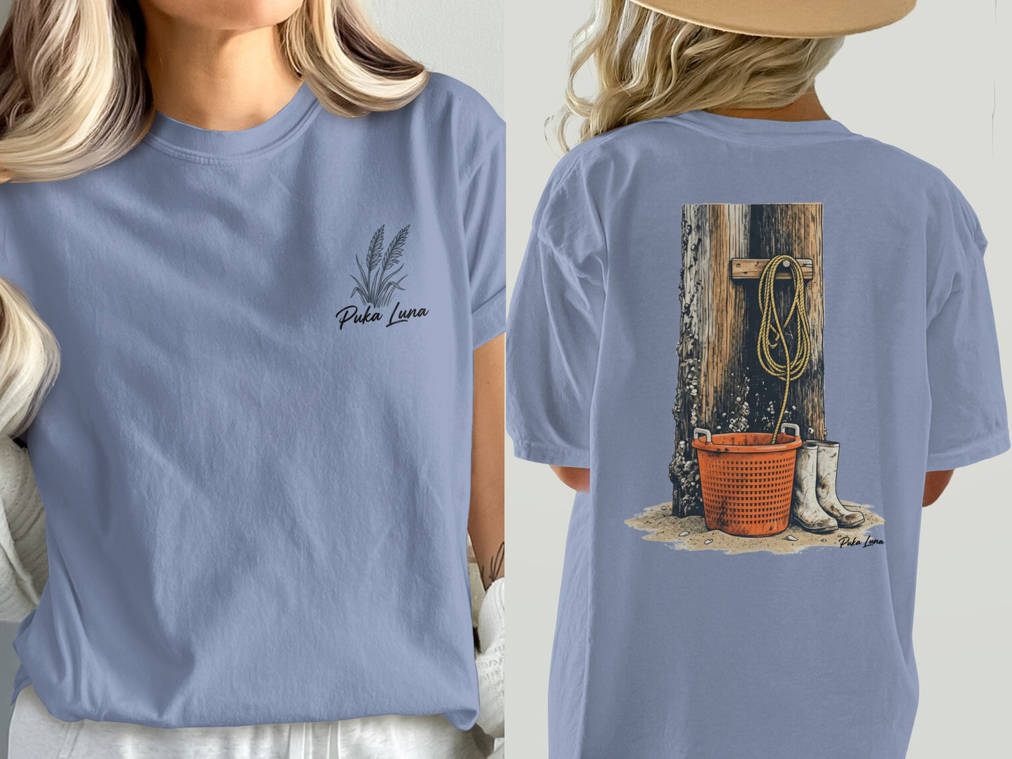 Front of dusty blue t-shirt with Puka Luna logo, back with fishing gear.