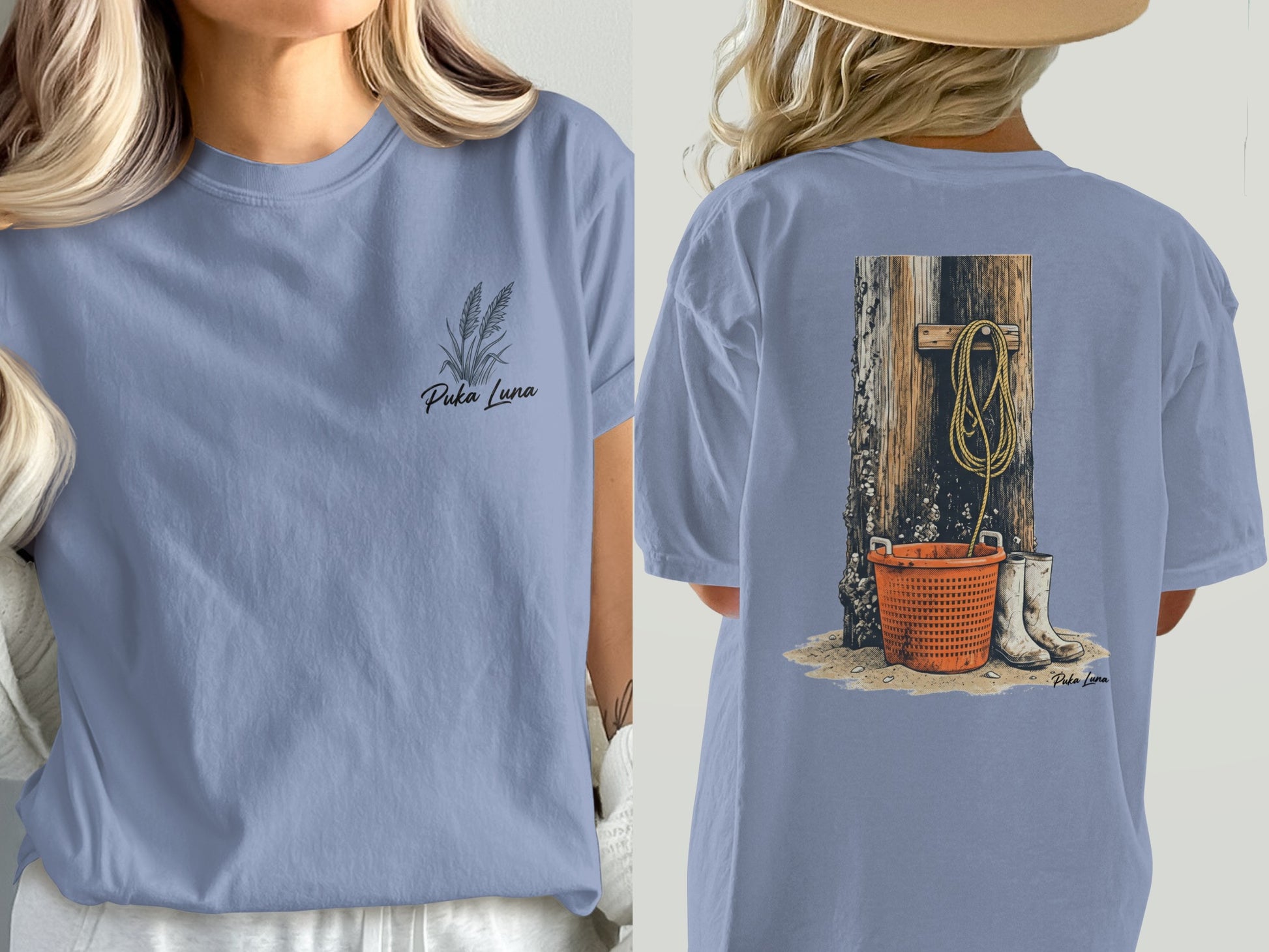 Front of dusty blue t-shirt with Puka Luna logo, back with fishing gear.