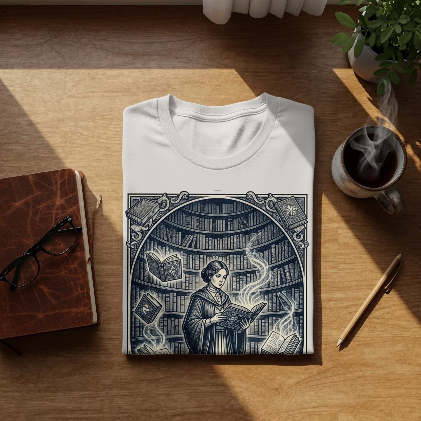 White t-shirt with illustration of a woman reading surrounded by bookshelves.