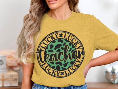 Lucky Teacher Graphic Tee with Leopard Print Design