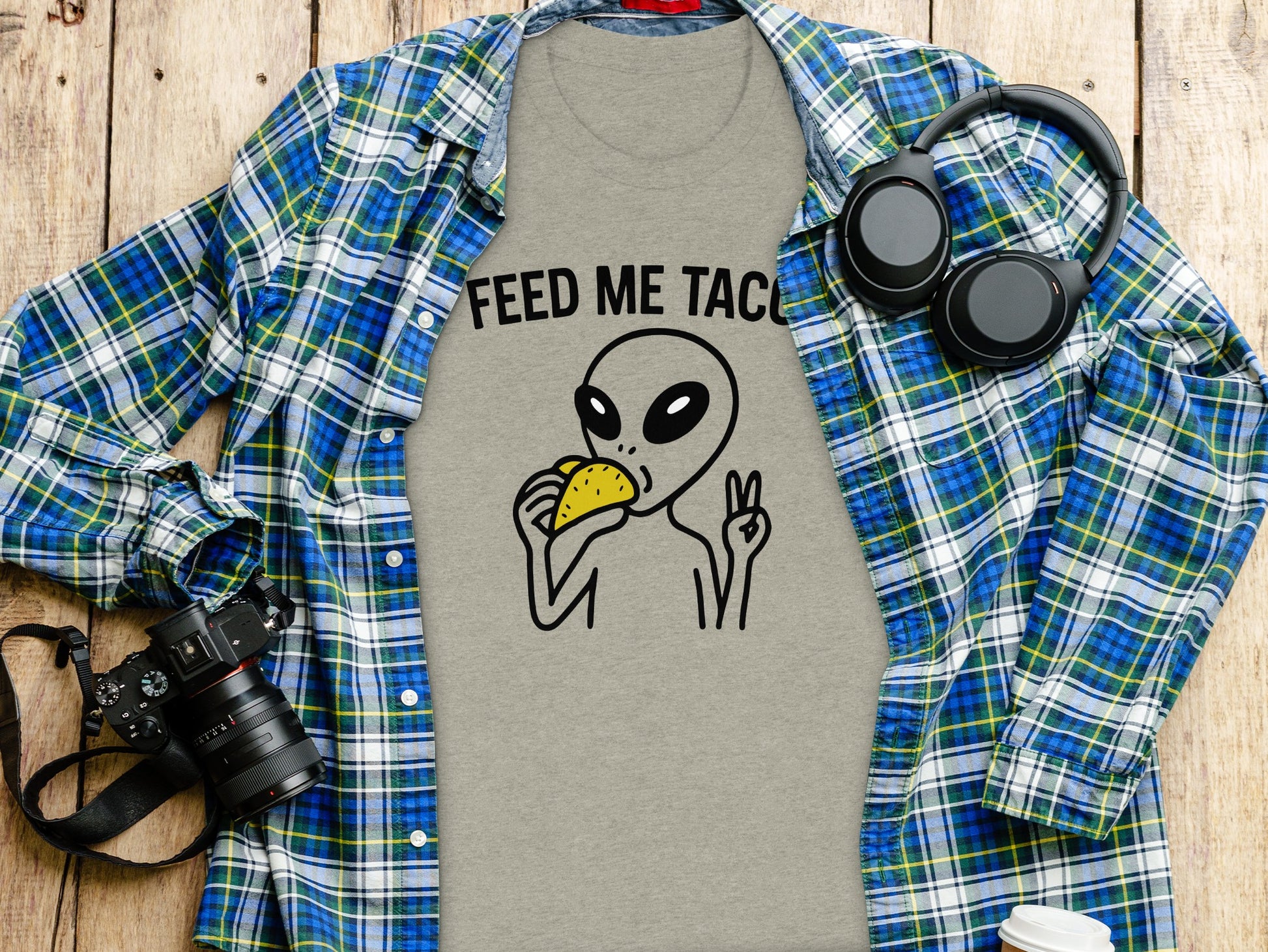 Feed Me Tacos Alien Graphic Tee Fun Casual Shirt Product