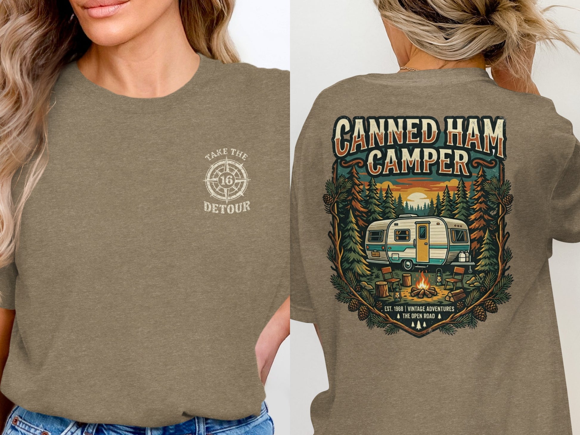 Brown t-shirt with "Take the Detour" and compass on front, "Canned Ham Camper" vintage design on back.