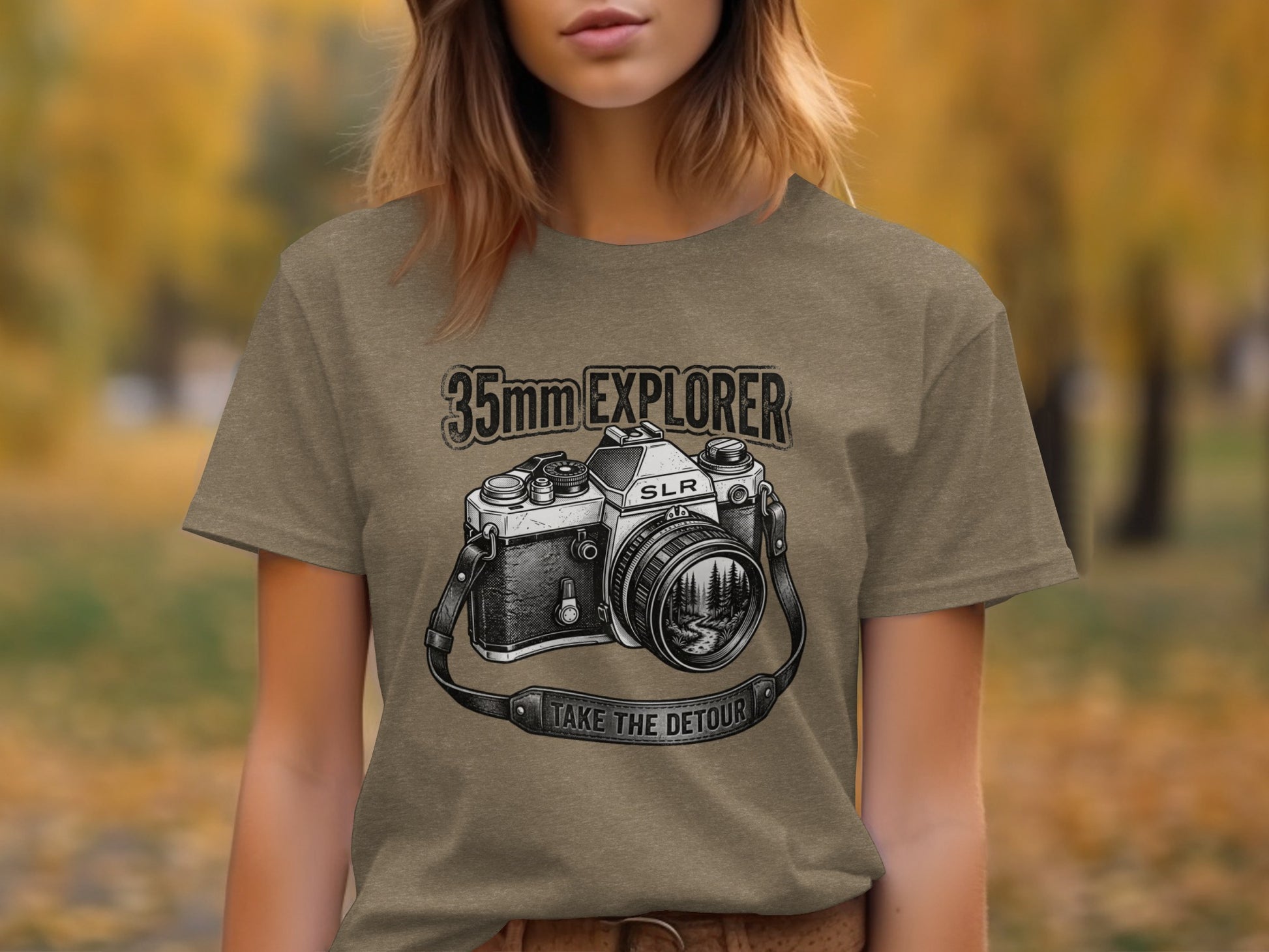 35mm Explorer Detour | Vintage Outdoor Apparel: T-shirt graphic of a vintage SLR camera with "35mm EXPLORER" and "TAKE THE DETOUR".