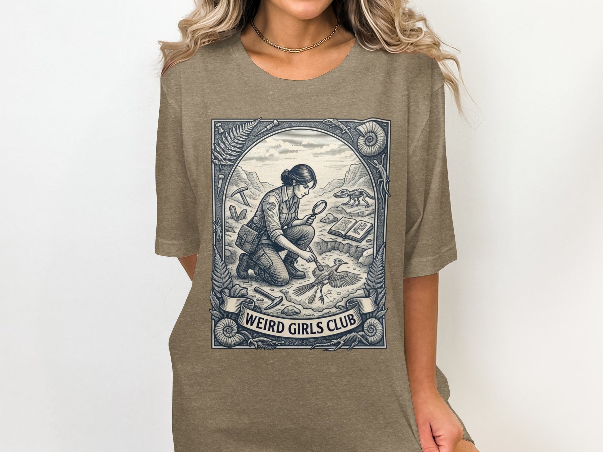 Illustration of a woman with a magnifying glass examining a fossil, framed by ferns.