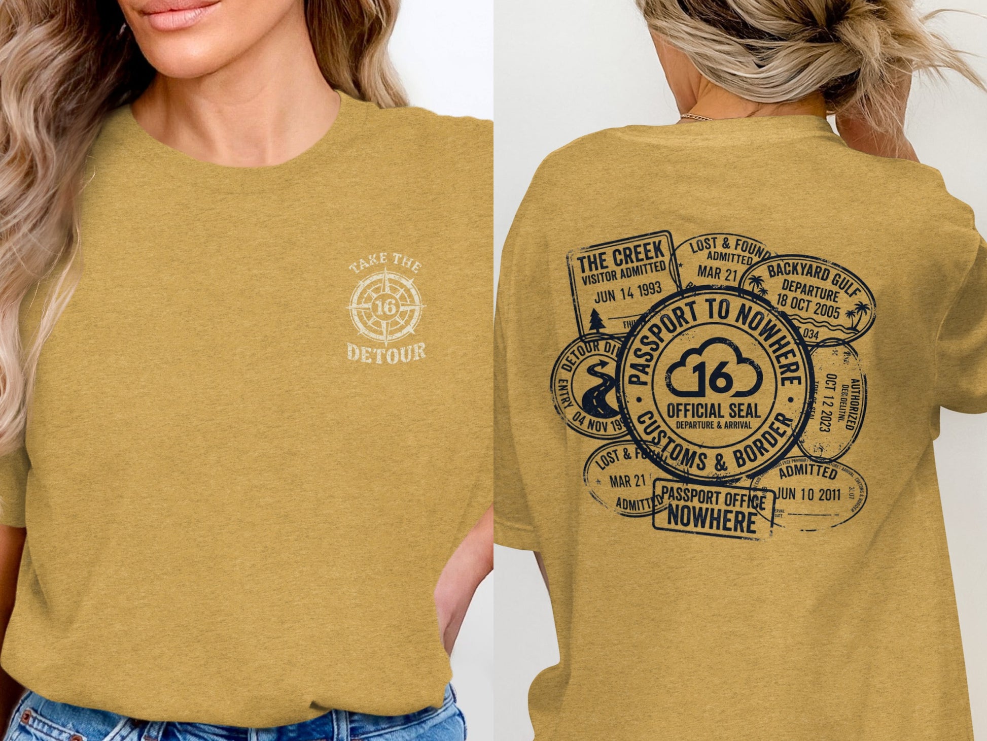 Yellow t-shirt with vintage passport stamps and "Take the Detour" graphic.