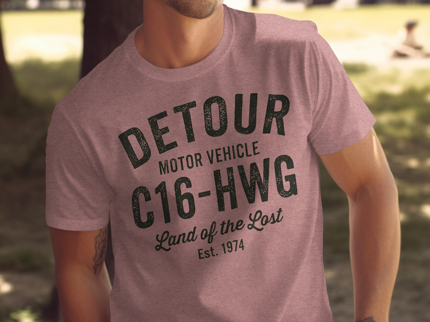 Pink t-shirt with "DETOUR MOTOR VEHICLE C16-HWG Land of the Lost Est. 1974" text.