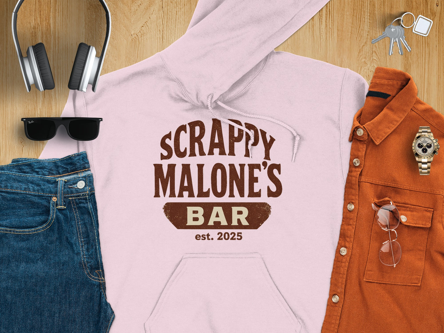 Scrappy Malone's Bar Est 2025 Vintage Style Hoodie - Retro Tavern Design Hoodie - Scrappy Malone's Bar 100-Proof Humor - Cloud 16 Clothing Co.