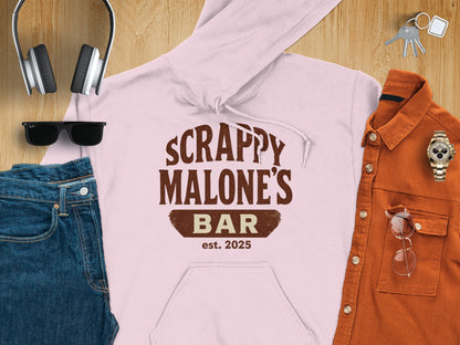 Scrappy Malone's Bar Est 2025 Vintage Style Hoodie - Retro Tavern Design Hoodie - Scrappy Malone's Bar 100-Proof Humor - Cloud 16 Clothing Co.