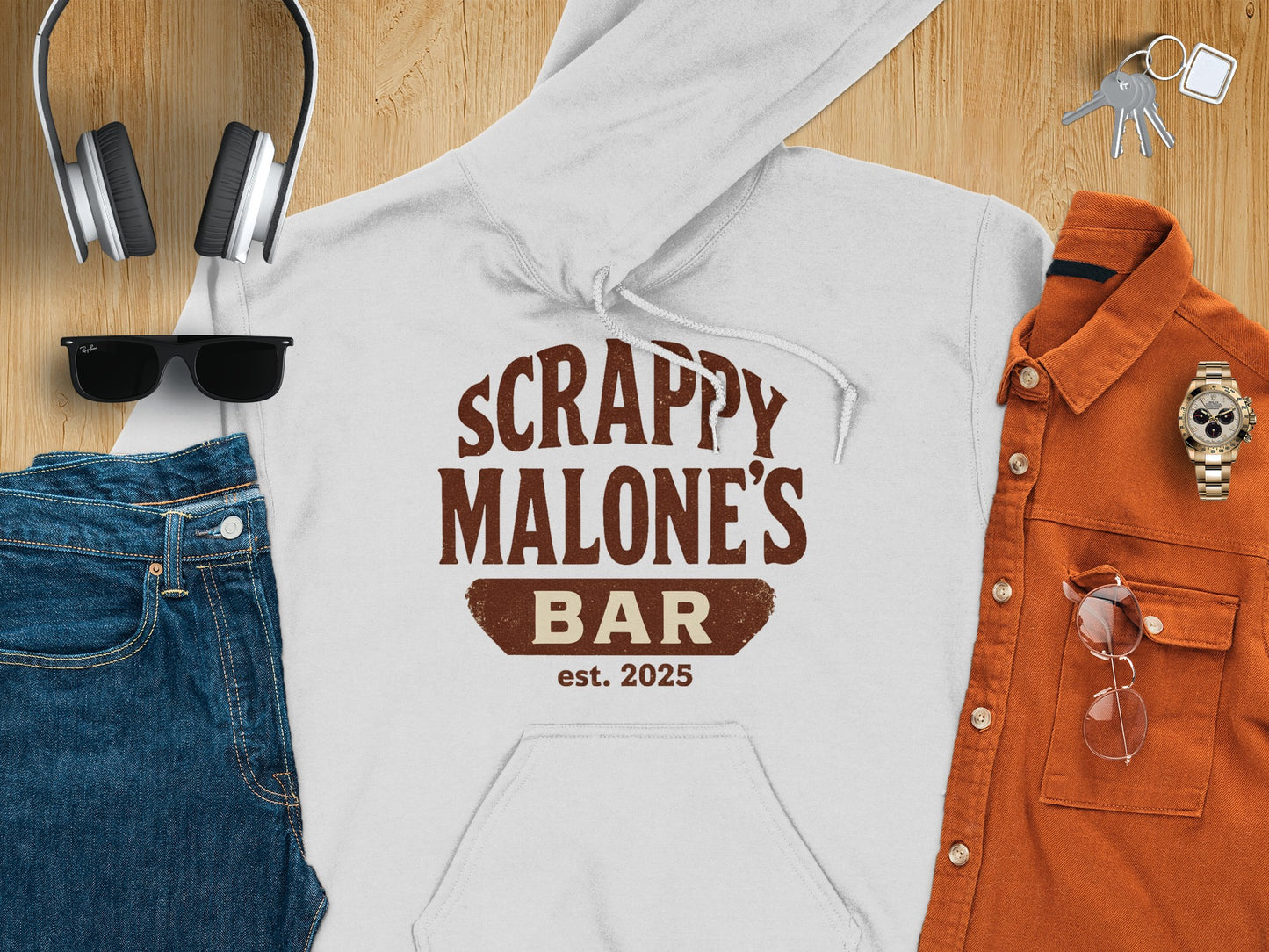 Scrappy Malone's Bar Est 2025 Vintage Style Hoodie - Retro Tavern Design Hoodie - Scrappy Malone's Bar 100-Proof Humor - Cloud 16 Clothing Co.
