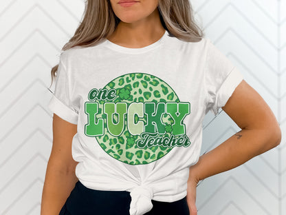 One Lucky Teacher Colorful Green Leopard Print Shirt