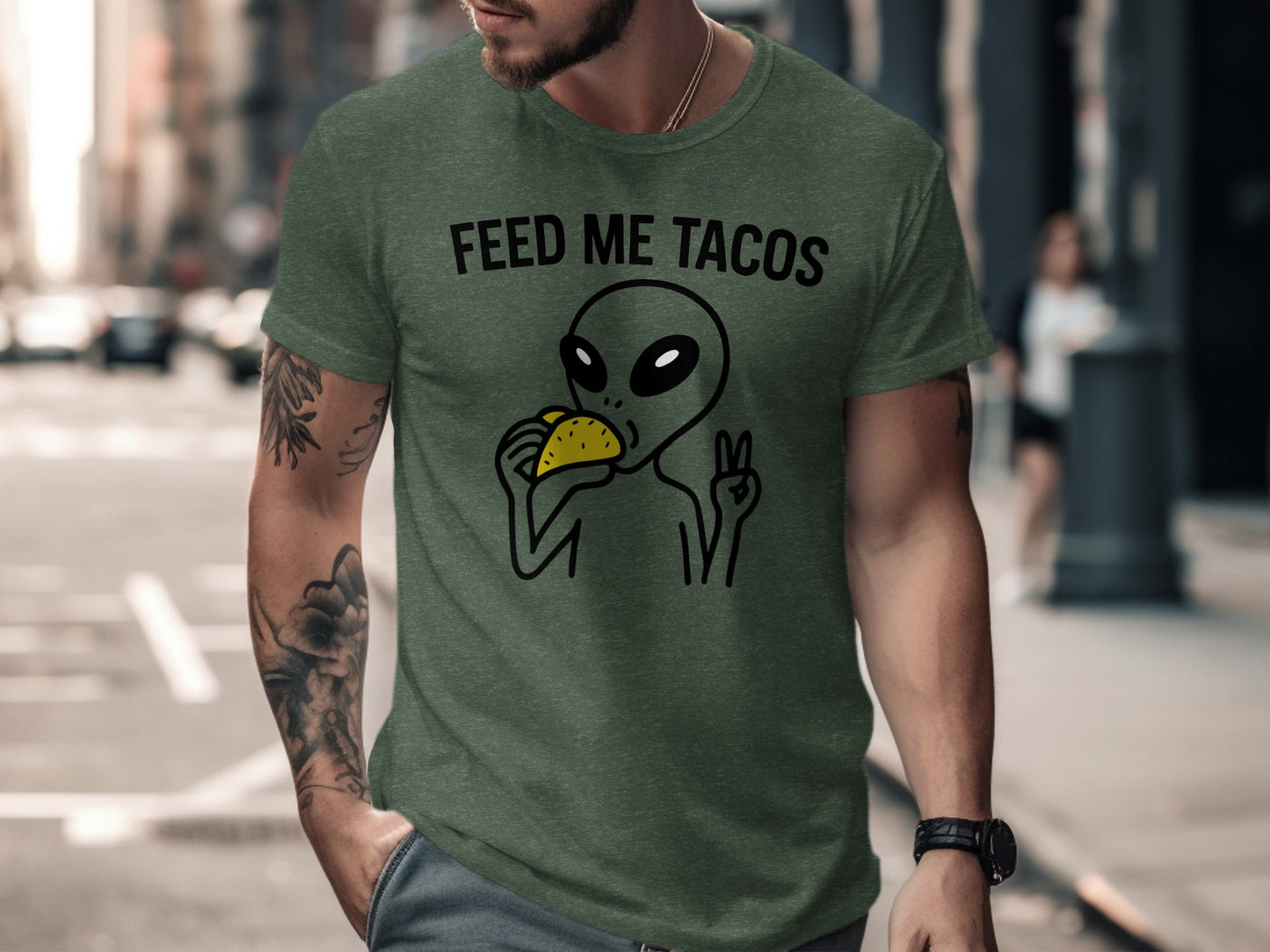 Alien Eating Taco Peace Sign Feed Me Tacos T-Shirt