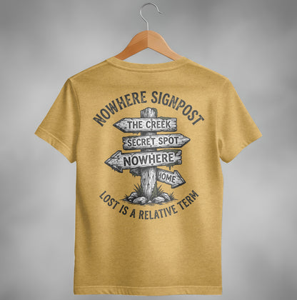 Yellow t-shirt with graphic of a wooden signpost pointing to "Nowhere", "Secret Spot", "The Creek", and "Home".