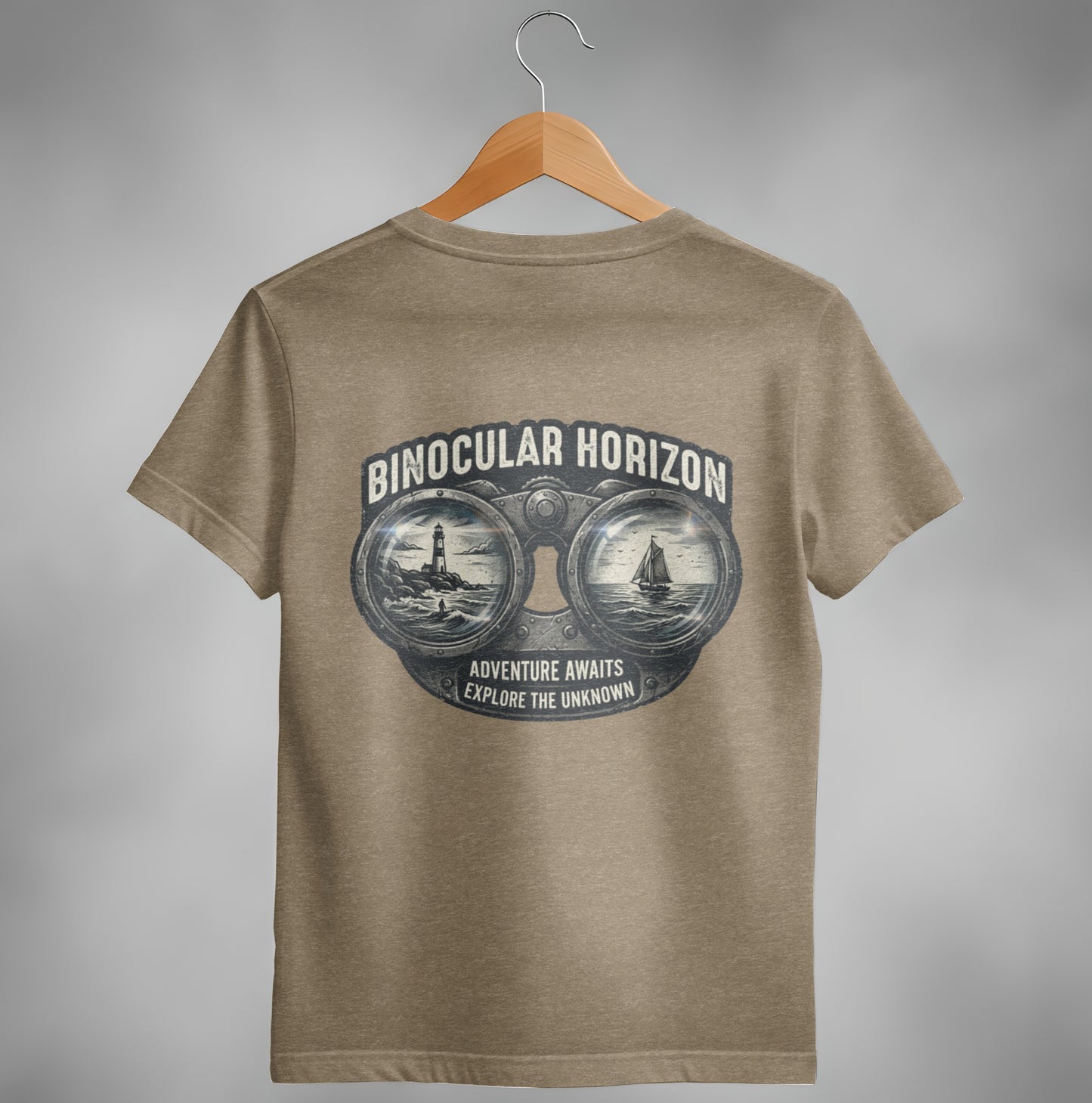 T-shirt back graphic: Binoculars showing lighthouse, boat, and text "ADVENTURE AWAITS EXPLORE THE UNKNOWN".