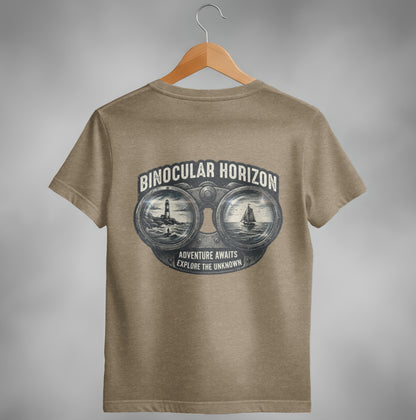T-shirt back graphic: Binoculars showing lighthouse, boat, and text "ADVENTURE AWAITS EXPLORE THE UNKNOWN".