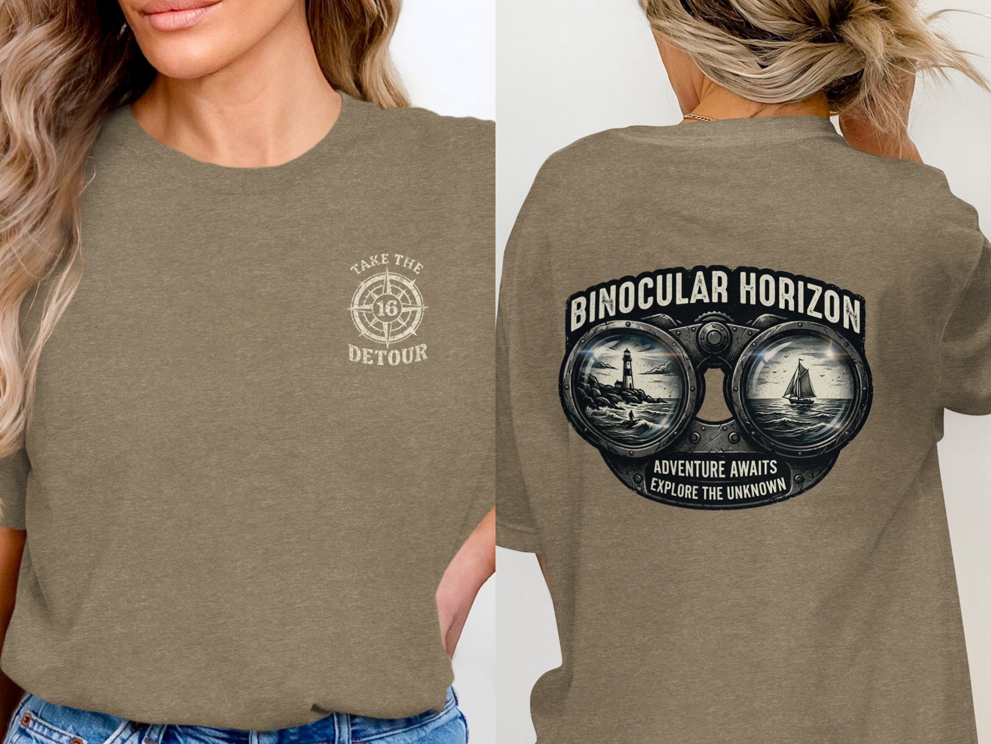 Brown t-shirt with "Take the Detour" compass graphic and binocular landscape on back.