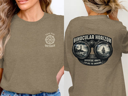Brown t-shirt with "Take the Detour" compass graphic and binocular landscape on back.