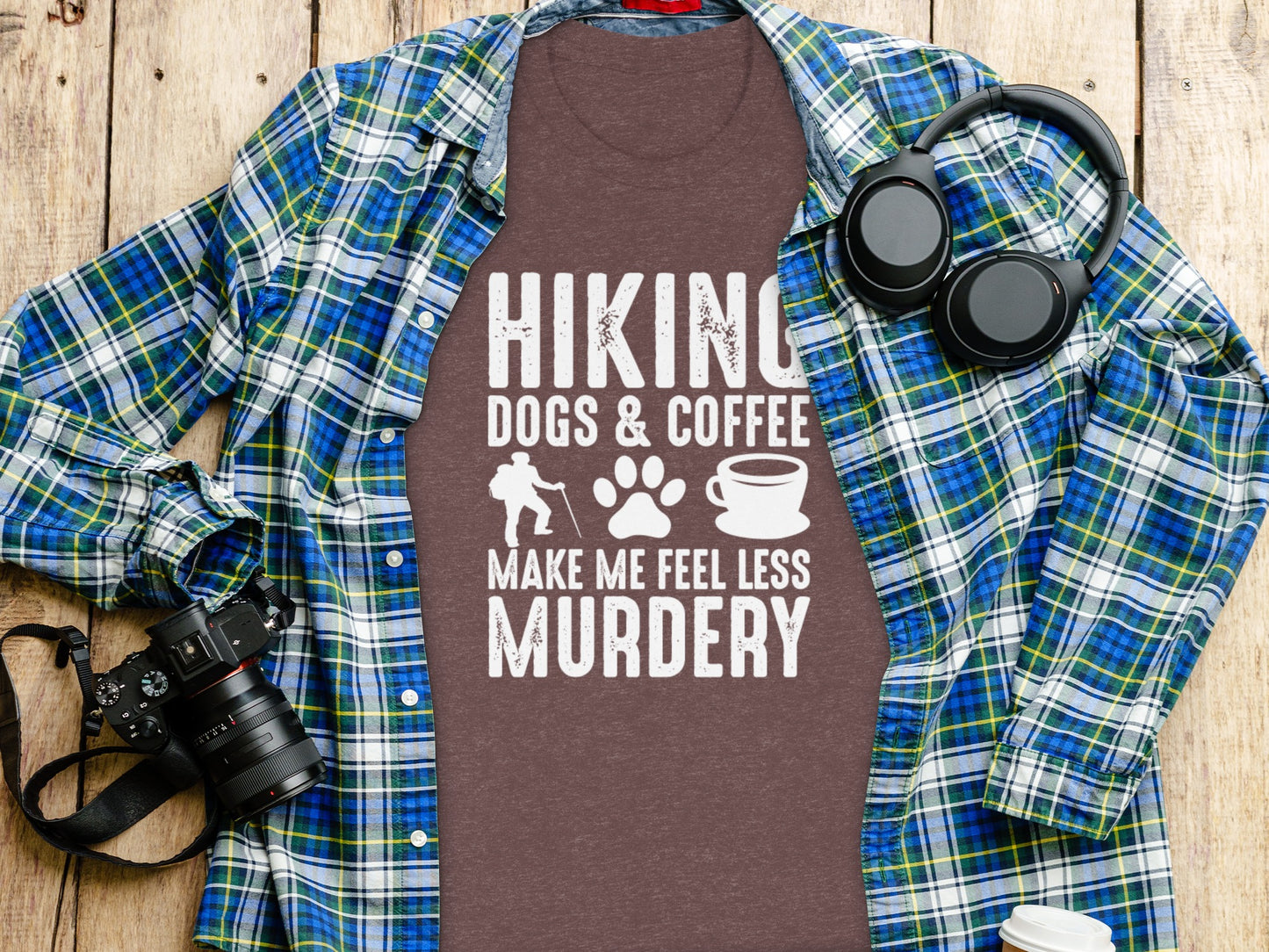 Hiking Dogs Coffee Less Murdery Funny Graphic Design T-Shirt T-Shirt - Outdoor & Adventure Collection - Mile Marker 16 Gear by Cloud 16 Clothing Co.