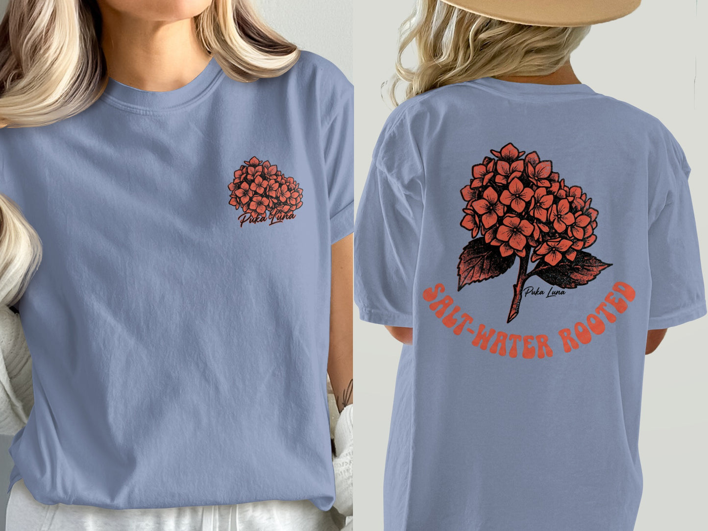 Blue t-shirt with coral hydrangea graphic and text on front and back.