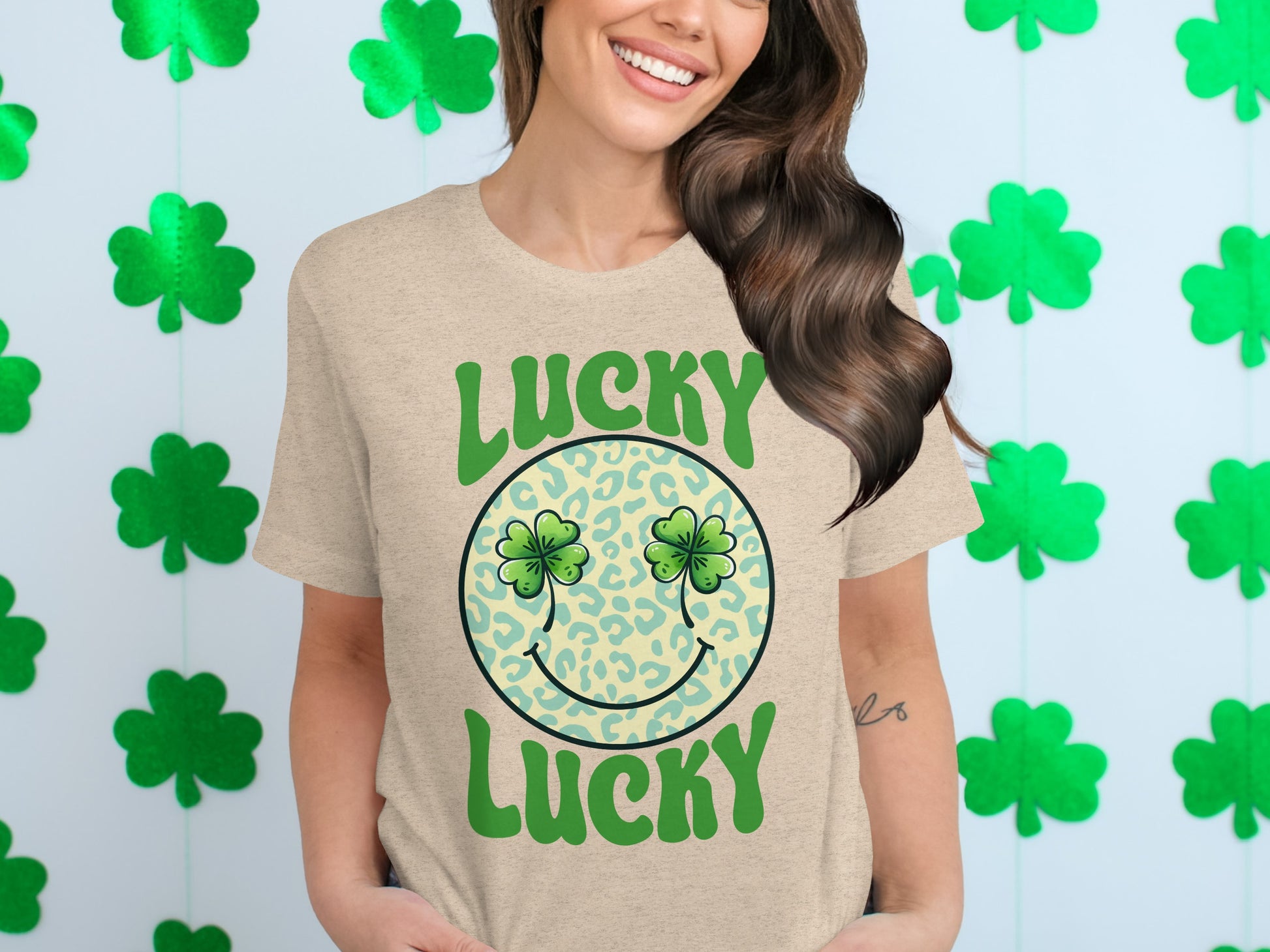 Lucky Clover Smiley Face Design on Graphic T-Shirt