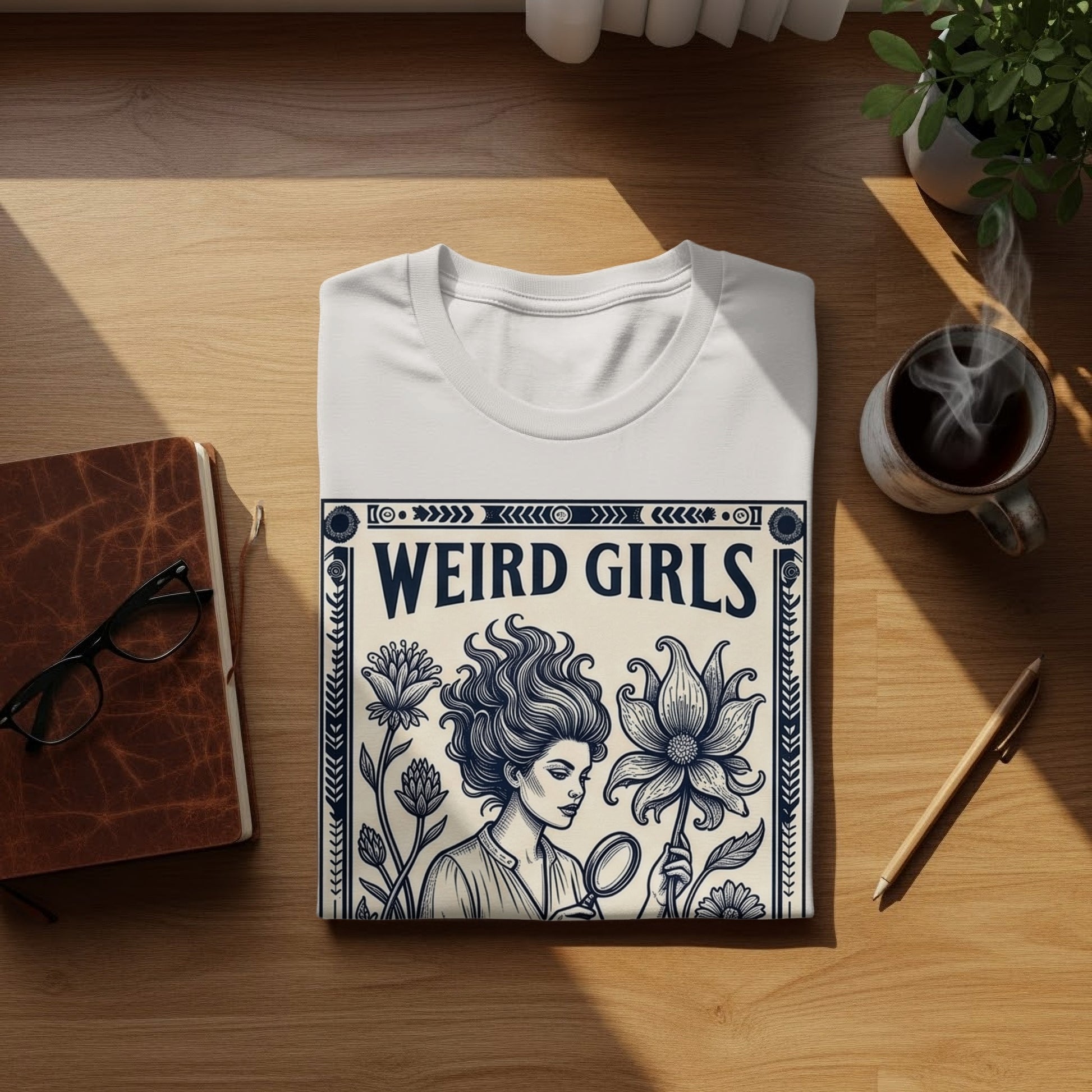 White t-shirt with "Weird Girls" text, woman with flowers, on wooden table.