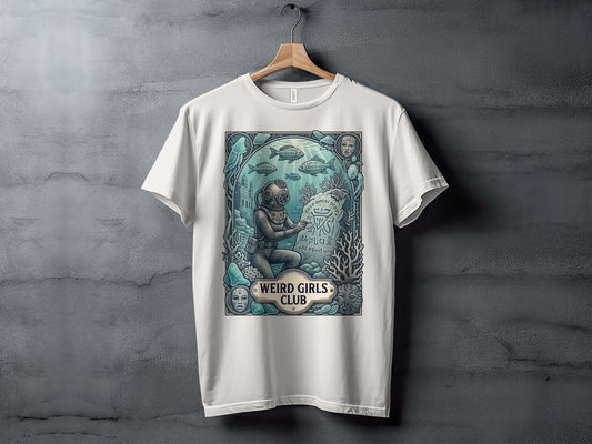 White t-shirt with graphic of diver and text "WEIRD GIRLS CLUB odd equations".