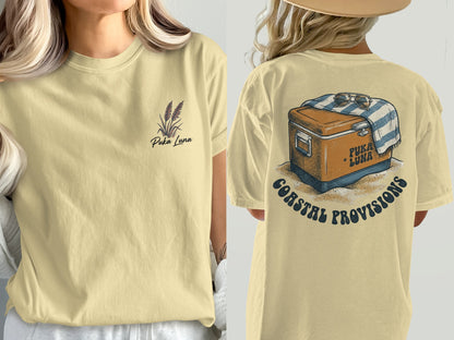 Pale yellow t-shirt with "Puka Luna" text and graphic on front and back.
