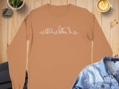 Camping Heartbeat Caravan Tent Adventure Time Long Sleeve T-Shirt Long Sleeve Tee - Outdoor & Adventure Collection - Mile Marker 16 Gear by Cloud 16 Clothing Co.