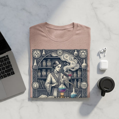 T-shirt with science-themed graphic featuring a woman in a laboratory with beakers and symbols.