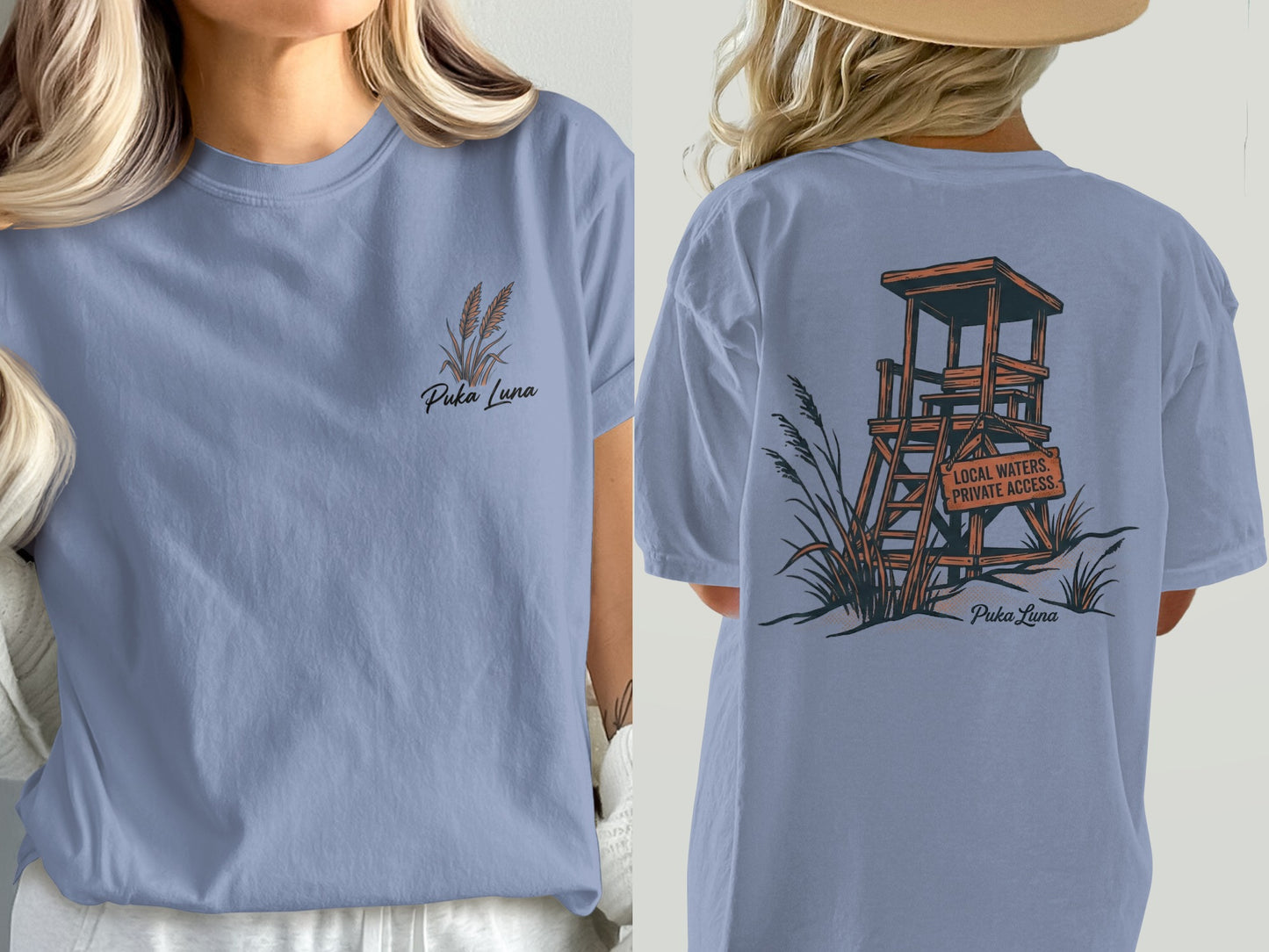 Blue t-shirt with Puka Luna design on front and lifeguard stand graphic on back.
