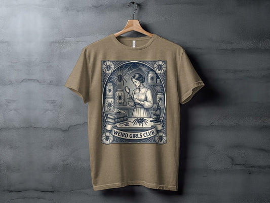 T-shirt with gothic spider illustration and "Weird Girls Club" text.