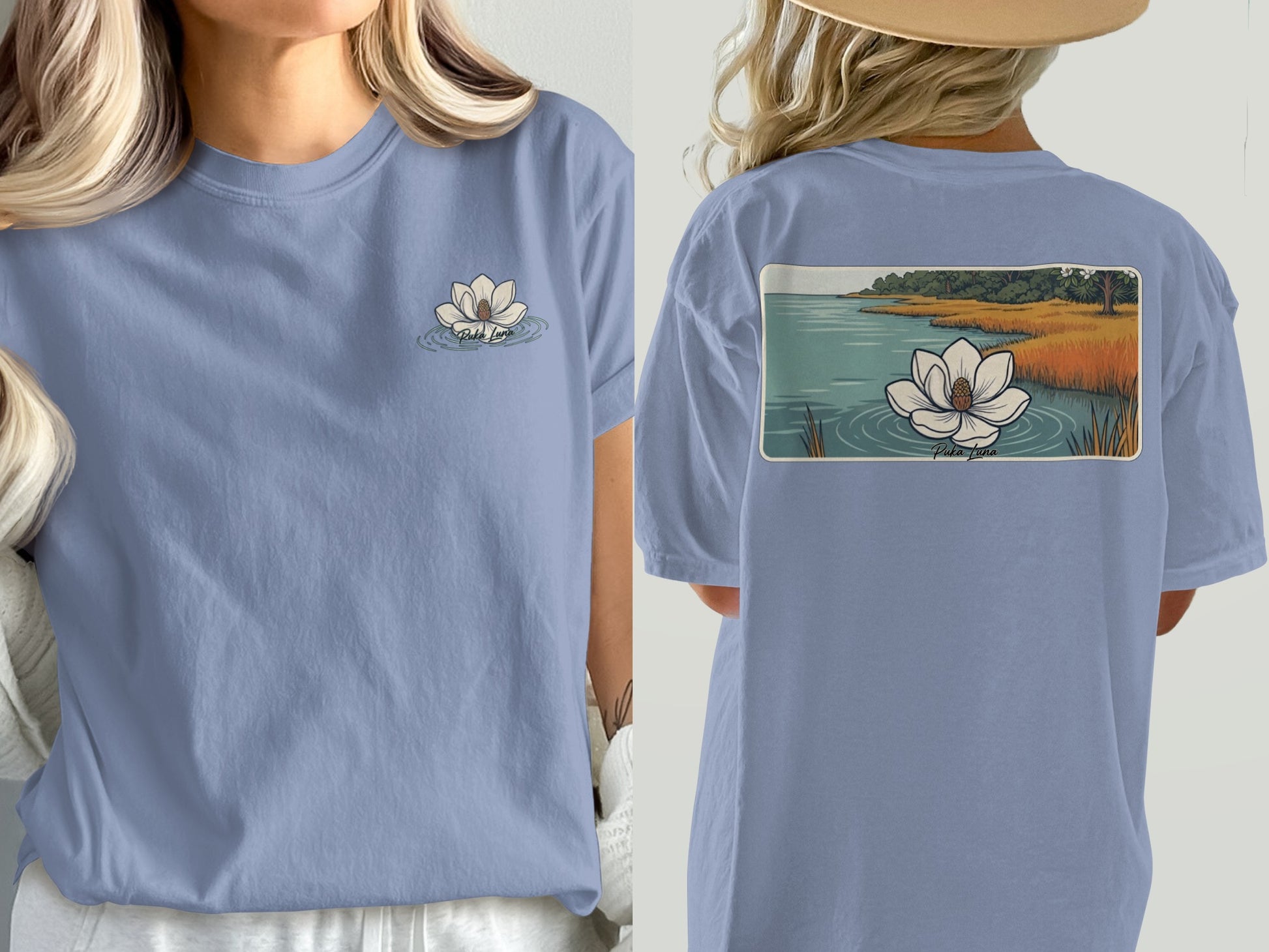 Light blue t-shirt with a lotus flower graphic and "Peace Love" text.