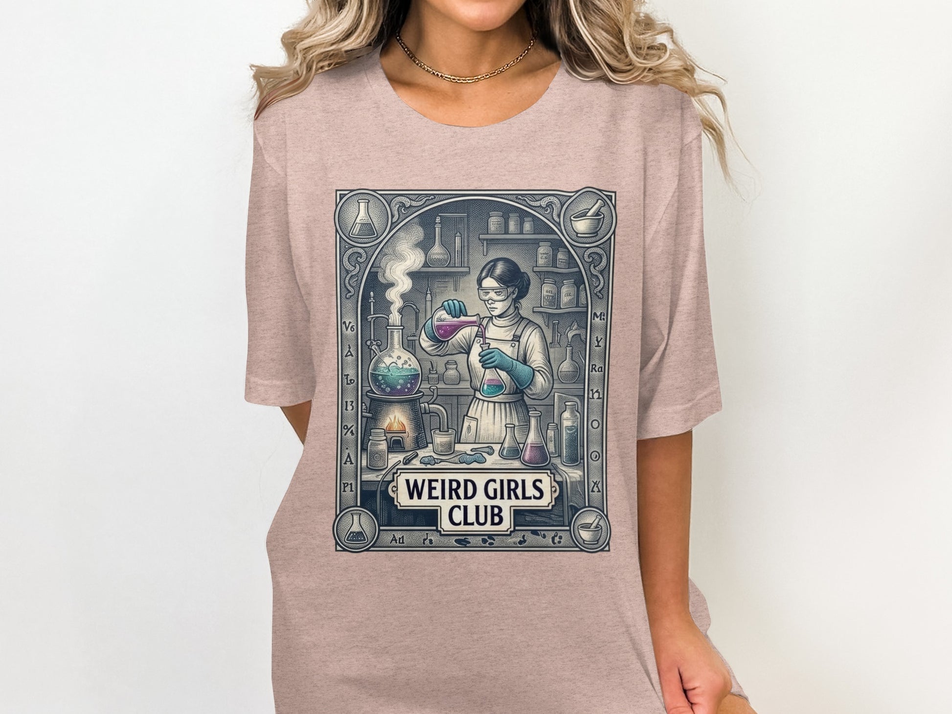 Woman in lab coat with beakers, "Weird Girls Club" text.