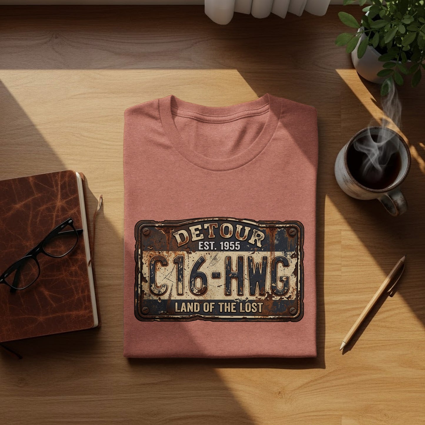 Land of the Lost Detour Plate: The Explorer's Adventure Tee: T-shirt with "DETOUR EST. 1955 C16-HWG LAND OF THE LOST" license plate graphic.