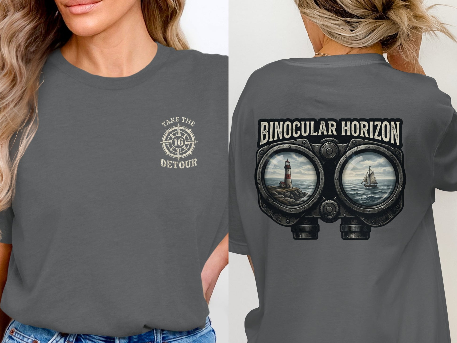 Dark gray t-shirt with compass graphic on front and binoculars and lighthouse on back.