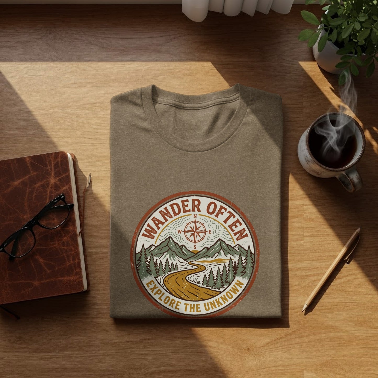 The Original Wander Often Vintage Explorer Adventure Top: Brown t-shirt with circular "Wander Often Explore the Unknown" mountain graphic.