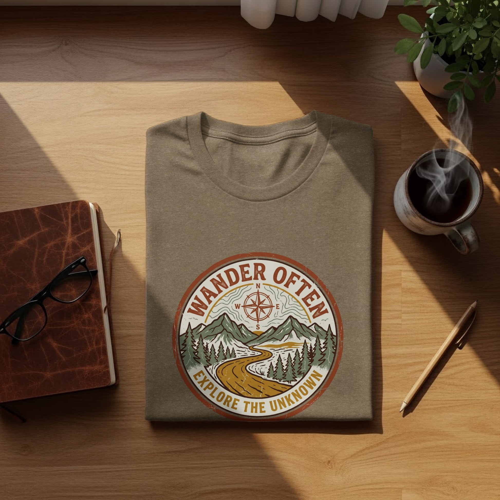 The Original Wander Often Vintage Explorer Adventure Top: Brown t-shirt with circular "Wander Often Explore the Unknown" mountain graphic.