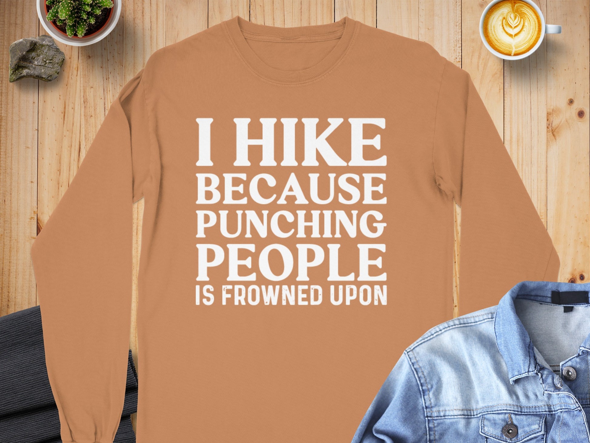 I Hike Because Punching People Is Frowned Upon Long Sleeve T-Shirt Long Sleeve Tee - Outdoor & Adventure Collection - Mile Marker 16 Gear by Cloud 16 Clothing Co.