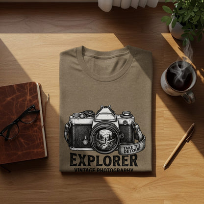 The Analog Explorer's Detour: Backcountry Outpost Shirt: Brown t-shirt with graphic of a vintage camera and text "EXPLORER VINTAGE PHOTOGRAPHY".