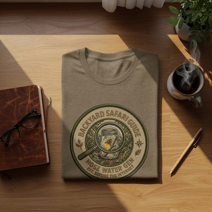 Backyard Safari Guide Explorer: Backcountry Outpost Shirt: Tan t-shirt with "Backyard Safari Guide" logo, featuring a magnifying glass and a mason jar.