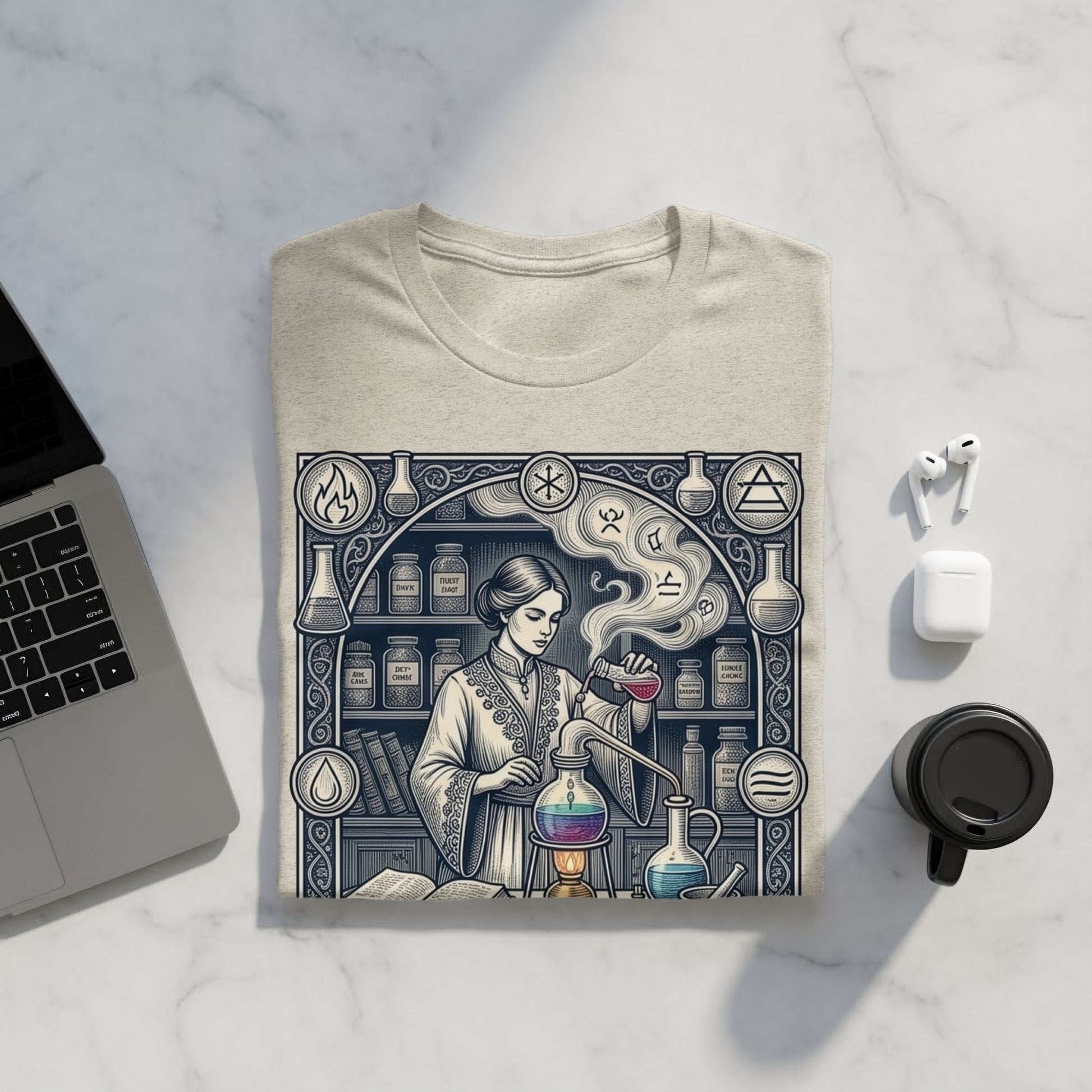 T-shirt with a vintage scientific illustration of a woman in a lab.