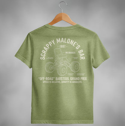Green t-shirt with "Scrappy Malone's Bar" logo featuring off-road barstool and text.