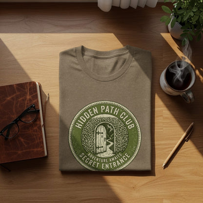 Hidden Path Club: Secret Entrance | Vintage Outdoor Apparel: Brown t-shirt with circular "Hidden Path Club" logo depicting a secret garden entrance.