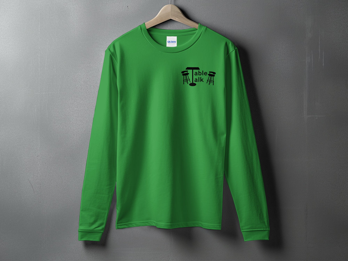 Green Long Sleeve Top with Table Talk Graphic Design