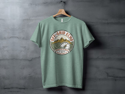 Off-Grid Echo Explorer: The Explorer's Adventure Tee: Green t-shirt with "Off-Grid Echo" compass logo, "Remote & Wild Adventure Co."