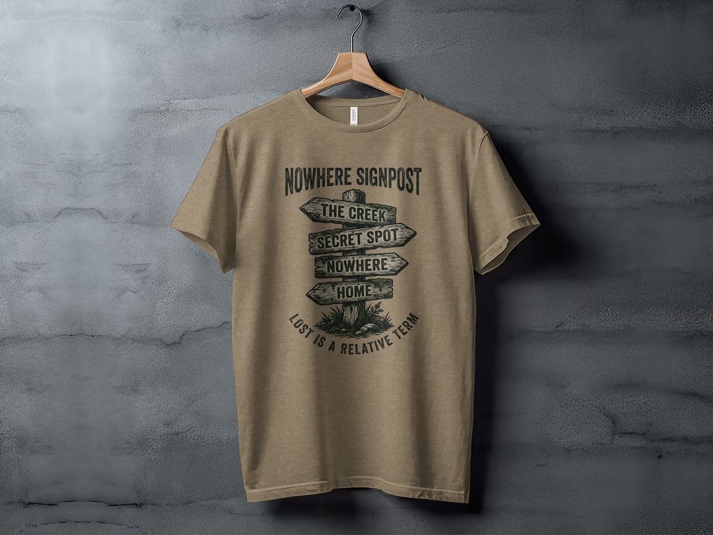 Nowhere Signpost Adventure: Backcountry Outpost Shirt: Tan t-shirt with "Nowhere Signpost" and directional text.